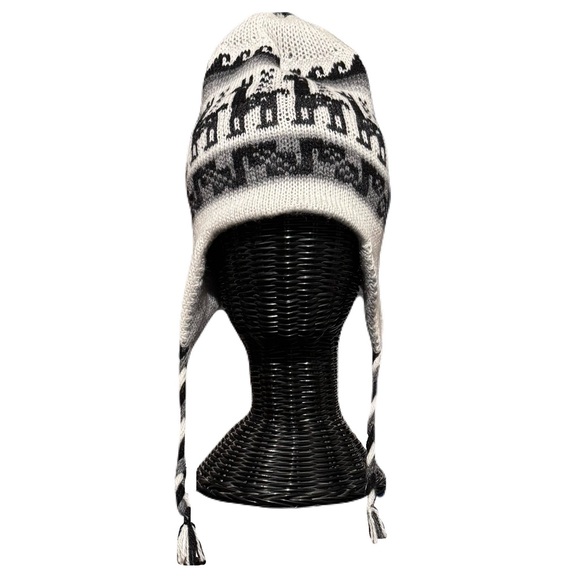 Bolivian Earflap Chullo Kint Hat Black Llama Designed Reversible Gray and White - Picture 4 of 9